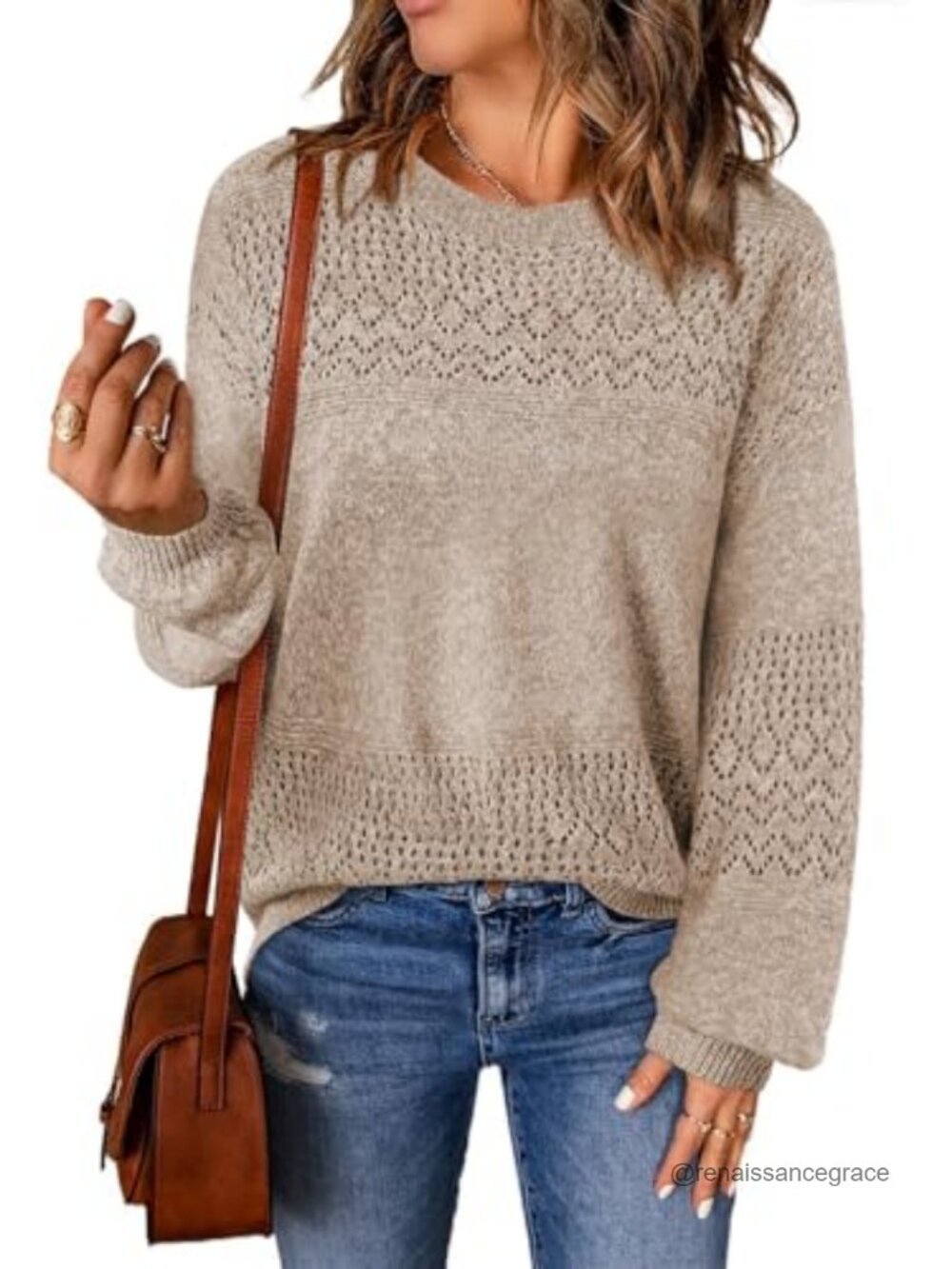 Womens Crochet Sweater Tops Long Sleeve Loose Fit Tunic